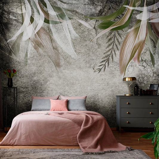 Papier peint panoramique Jardin suspendu dans une chambre, linge rose poudré et commode gris anthracite