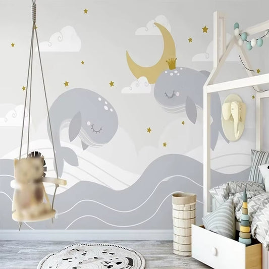 Papier peint panoramique Baleines au clair de lune dans une chambre d'enfant, balançoire en bois et lit cabane