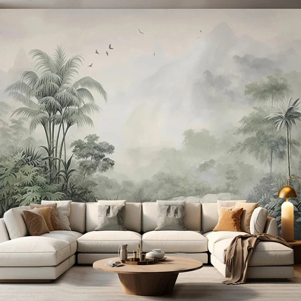 Papier peint panoramique jungle tropicale Vallée des palmes, vert-de-gris et ivoire, dans un salon