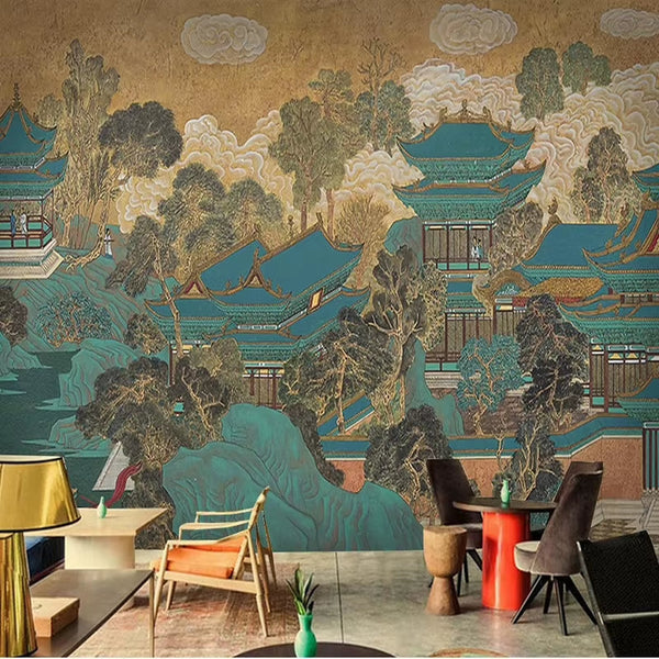 Papier peint panoramique paysage chinois Palais de jade, bleu jade et or, dans un salon