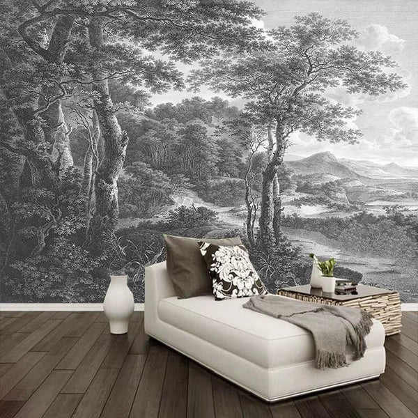 Papier peint panoramique paysage gravé Arcadie, noir et blanc, derrière une méridienne