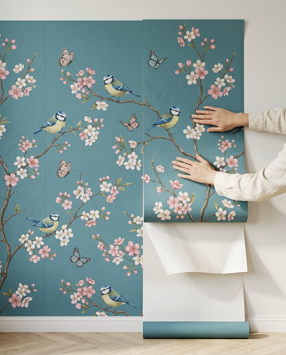 Pose d'un papier peint panoramique adhésif : deux mains lissent un lé sans colle sur le mur