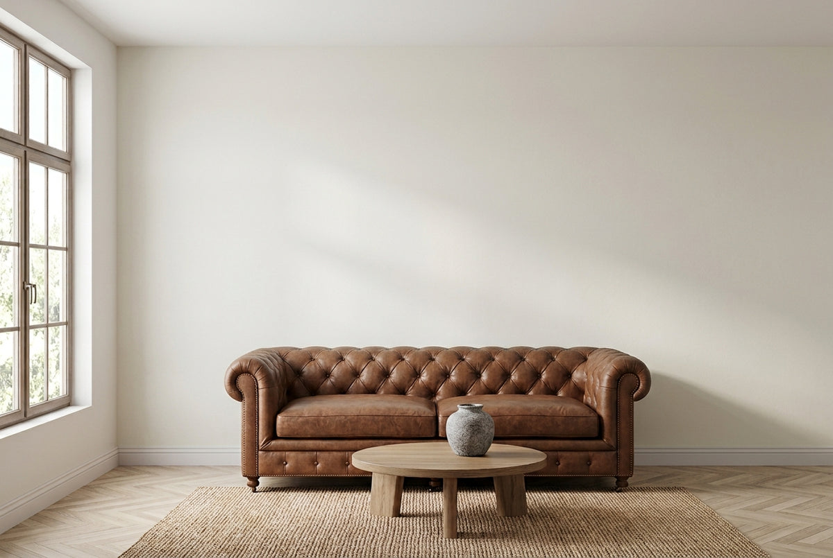 Salon avant la pose : mur blanc nu derrière un canapé Chesterfield en cuir cognac