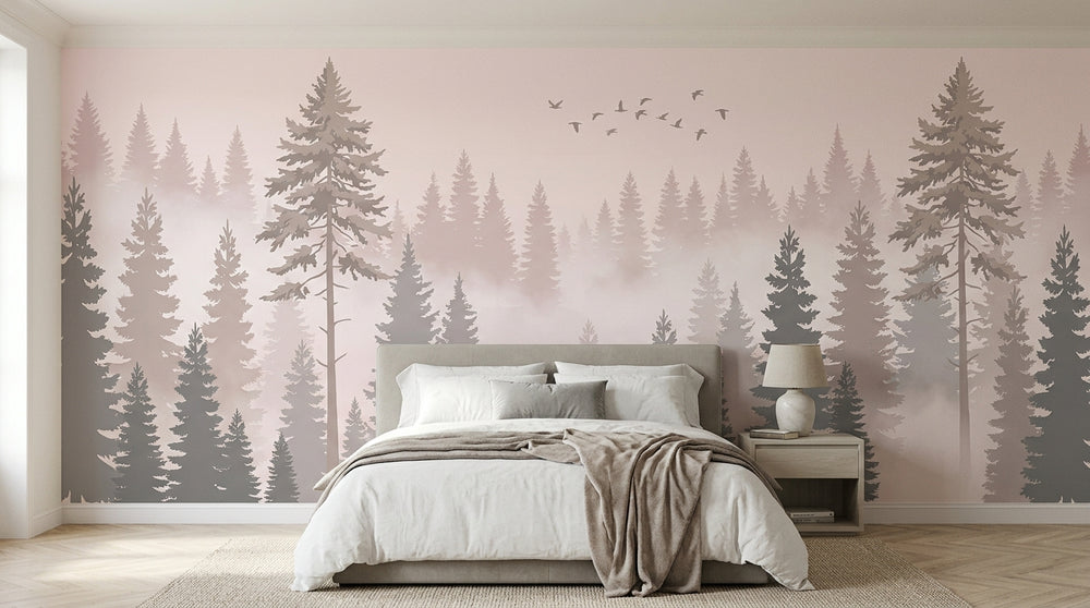 Papier peint panoramique forêt de sapins dans la brume rose, derrière un lit en lin blanc