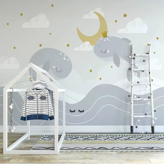 Papier peint panoramique Baleines au clair de lune dans une chambre d'enfant, cabane en bois blanc et échelle