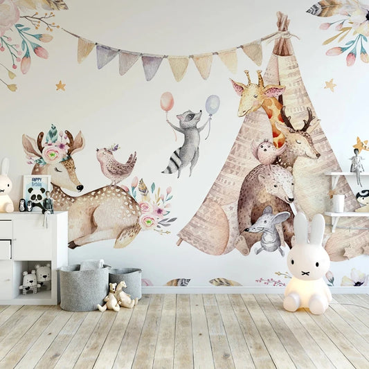 Papier peint panoramique Le Tipi des animaux dans une chambre d'enfant, lampe lapin et paniers gris