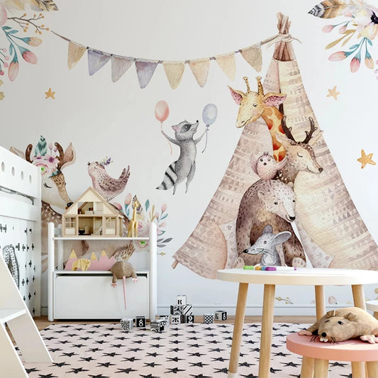 Papier peint panoramique Le Tipi des animaux dans une chambre d'enfant, lit mezzanine blanc et table de jeu