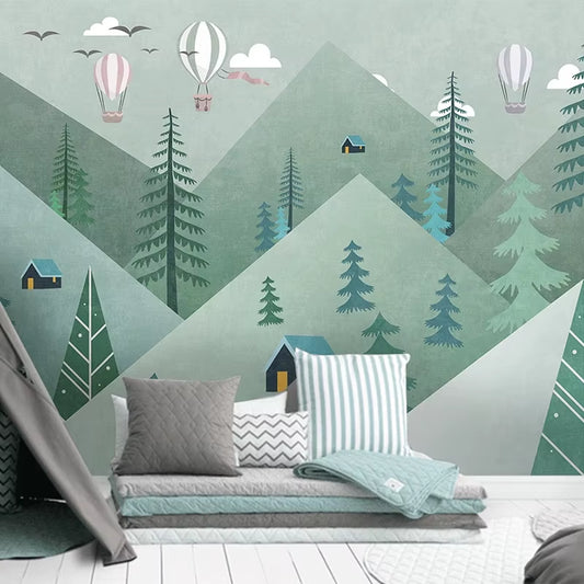 Papier peint panoramique Voyage en montgolfière dans une chambre d'enfant, tipi gris, matelas au sol et coussins rayés