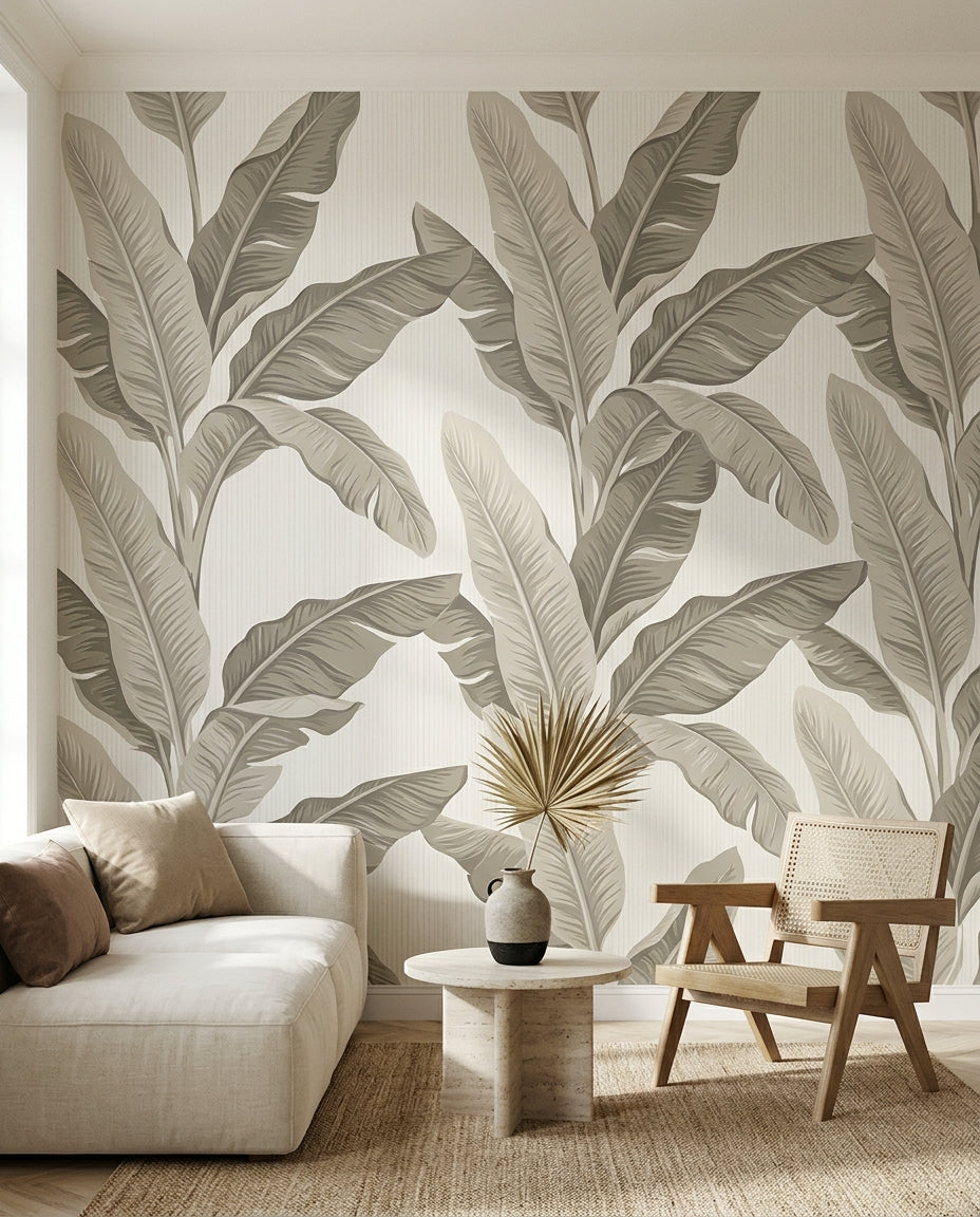 Papier peint panoramique Feuilles de bananier, grège et ivoire, dans un salon avec canapé en lin et fauteuil en cannage