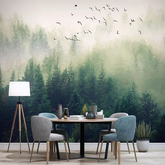 Papier peint panoramique Silence des cimes dans une salle à manger, table ronde en bois et chaises bleu gris
