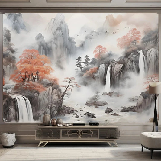 Papier peint panoramique Cascade aux érables au-dessus d'un buffet beige et doré, fauteuil bouclette
