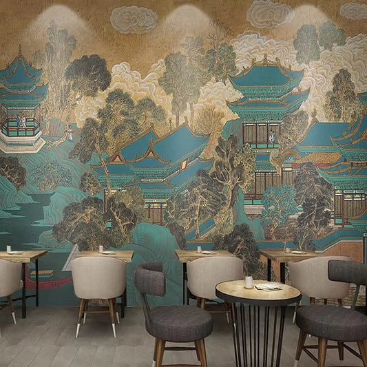 Papier peint panoramique Palais de jade dans une salle à manger, tables rondes et fauteuils gris