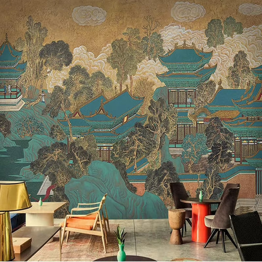 Papier peint panoramique Palais de jade dans un salon, fauteuil en bois, lampe orange et chaises noires